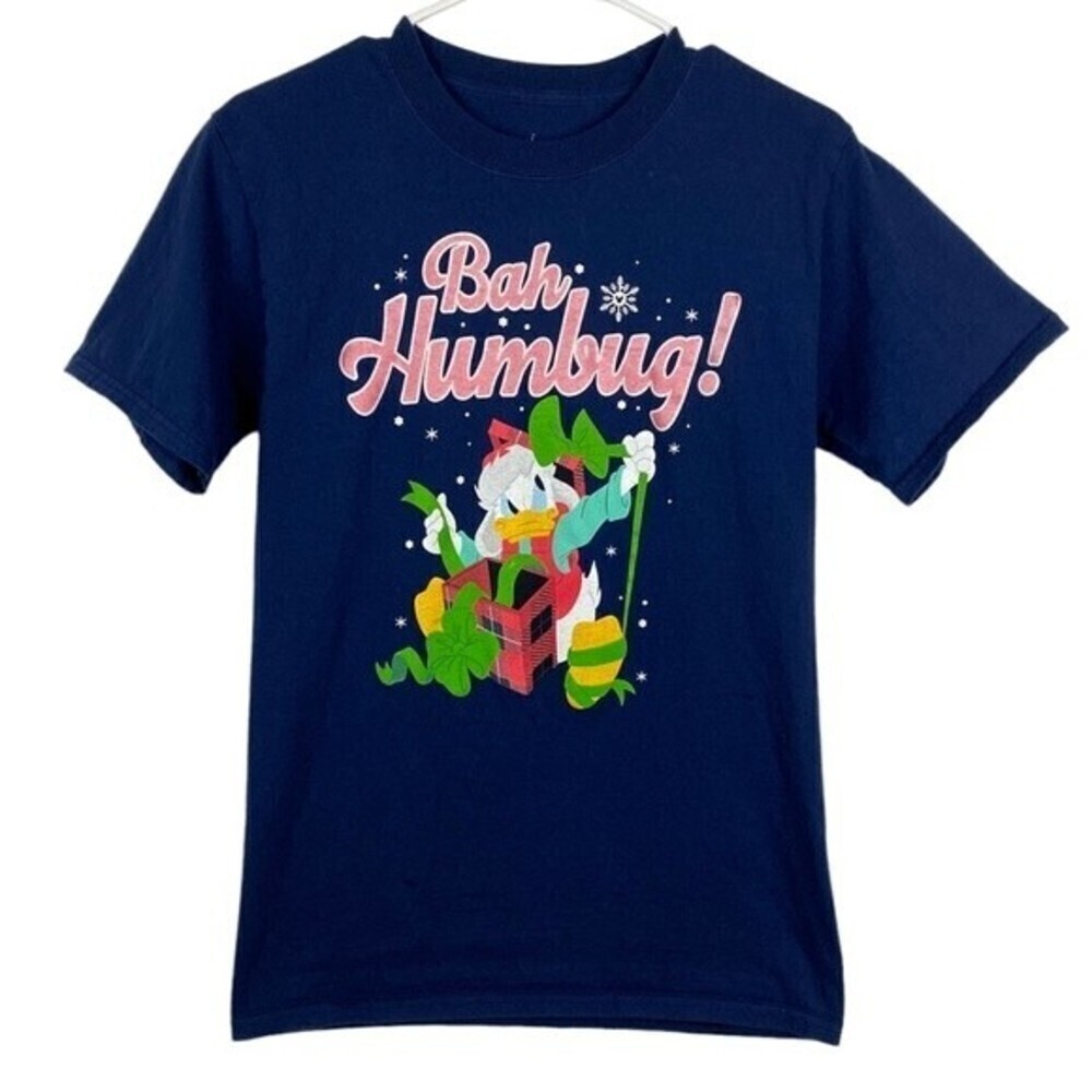 Disney Parks Graphic Christmas Shirt Womens Small Blue Donald Duck Bah Humbug